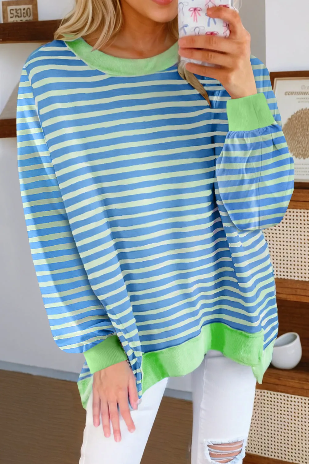 Contrast Trim High Low Pullover Tunic Sweatshirt